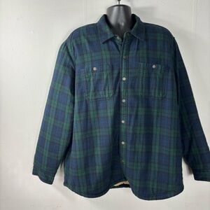 LL Bean Sherpa Lined Plaid Flannel Shacket Blue Green Shirt Men’s SZ XL Fleece